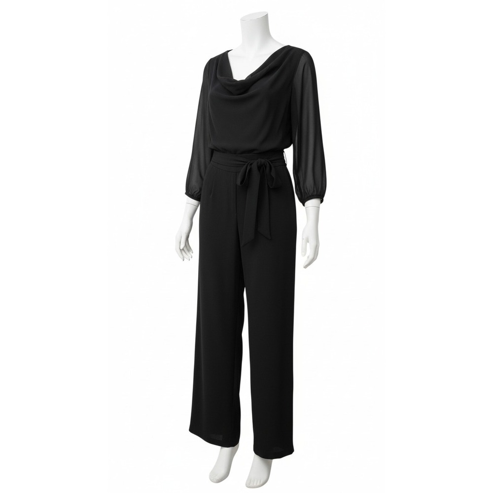 Connected Apparel Jumpsuit Womens 8 Black Cowl Neck Sheer Sleeve Tie Waist 1911